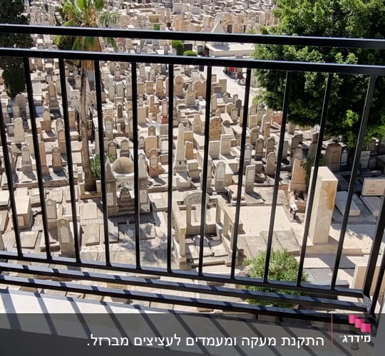 מעקה מתכת שחור עם נוף של מצבות ברקע